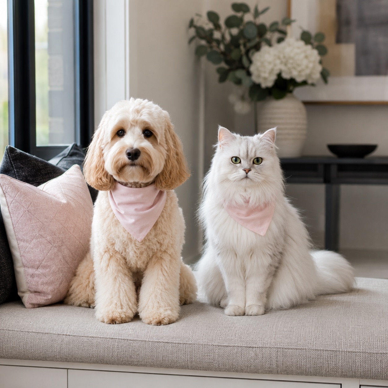 A cream doodle dog and a fluffy white cat in matching pink bandanas sitting together on a window bench at home